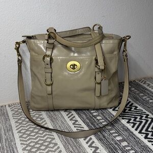 Coach Leather Tote Shoulder Bag Crossbody Strap Neutral Beige